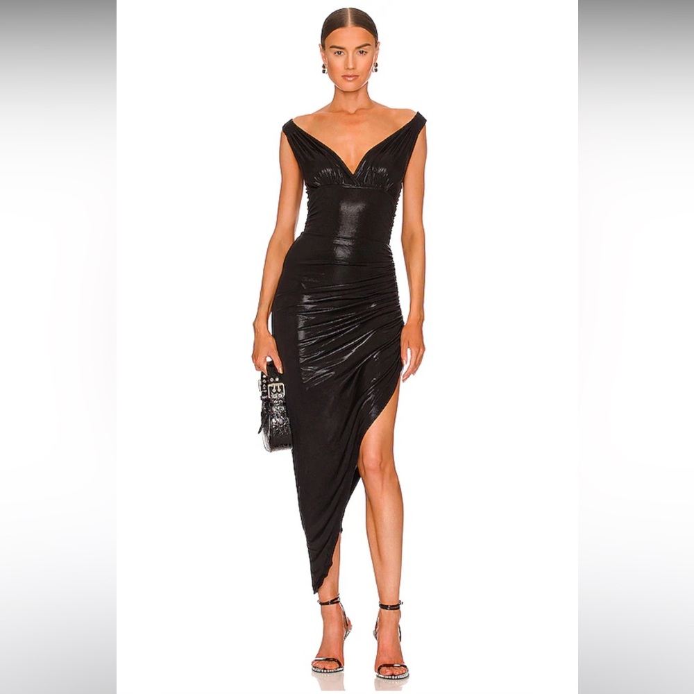 NORMA KAMALI Tara Side Drape Gown in Black Lame